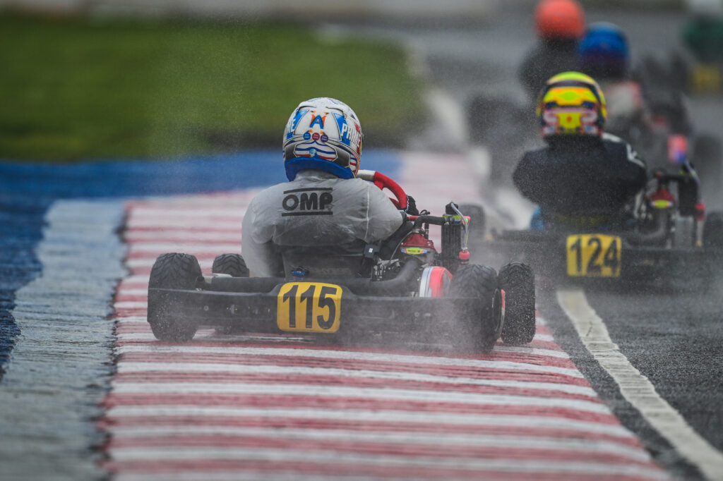 Alfie Mair driving his kart during wet practice on Friday